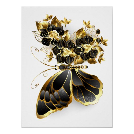 Goldener Schmetterling mit schwarzem Orchid Poster (Vorderseite)