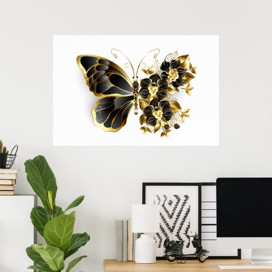 Goldener Schmetterling mit schwarzem Orchid Poster (Heimbüro)