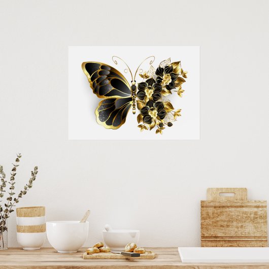 Goldener Schmetterling mit schwarzem Orchid Poster (Küche)