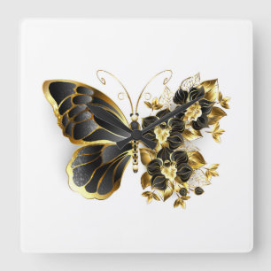 Goldener Schmetterling mit schwarzem Orchid Quadratische Wanduhr