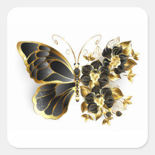 Goldener Schmetterling mit schwarzem Orchid Quadratischer Aufkleber
