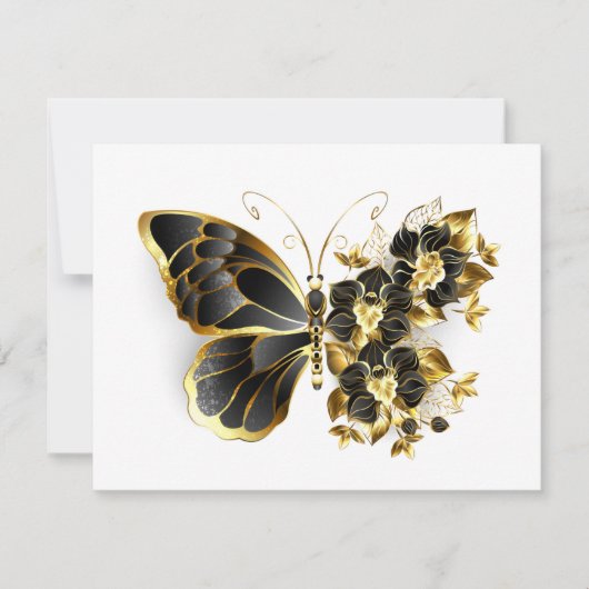 Goldener Schmetterling mit schwarzem Orchid RSVP Karte (Vorderseite)