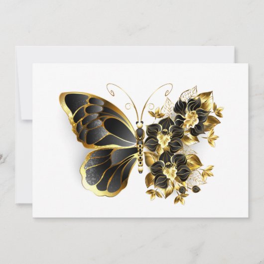 Goldener Schmetterling mit schwarzem Orchid Save The Date (Vorderseite)