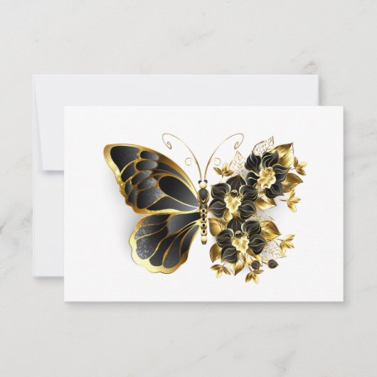 Goldener Schmetterling mit schwarzem Orchid Save The Date (Vorderseite)