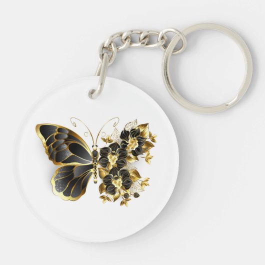 Goldener Schmetterling mit schwarzem Orchid Schlüsselanhänger (Rückseite)