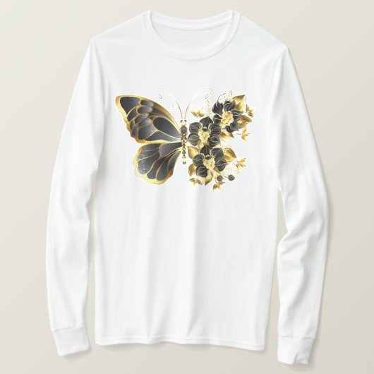 Goldener Schmetterling mit schwarzem Orchid T-Shirt (Design vorne)