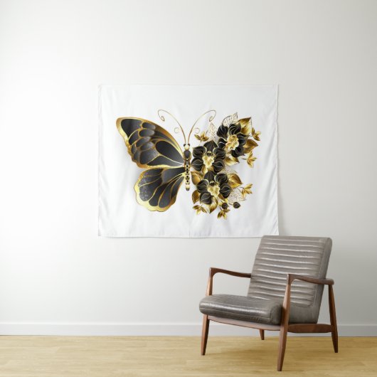 Goldener Schmetterling mit schwarzem Orchid Wandteppich (Beispiel (Horizontal))