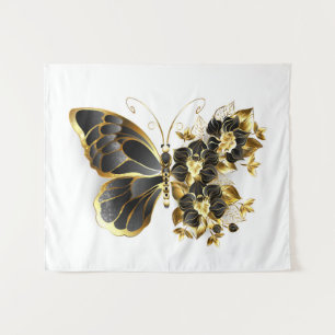 Goldener Schmetterling mit schwarzem Orchid Wandteppich