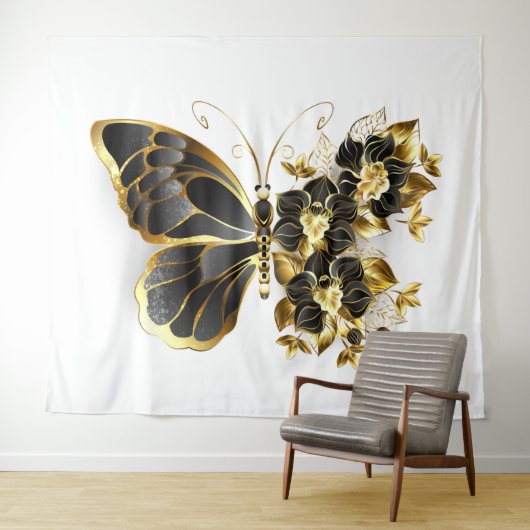 Goldener Schmetterling mit schwarzem Orchid Wandteppich (Beispiel (Horizontal))