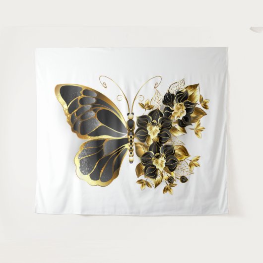 Goldener Schmetterling mit schwarzem Orchid Wandteppich (Vorderseite (Horizontal))