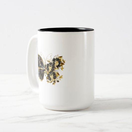 Goldener Schmetterling mit schwarzem Orchid Zweifarbige Tasse (Vorderseite Links)