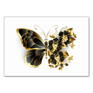 Goldener Schmetterling mit schwarzer Orchidee Tischnummer