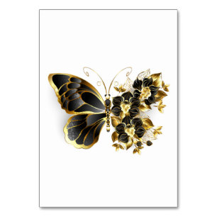 Goldener Schmetterling mit schwarzer Orchidee Tischnummer