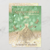 Goldener Schmetterling Quinceañera-Glitzer Einladung (Vorne/Hinten)
