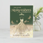 Goldener Schmetterling Quinceañera-Glitzer Einladung (Stehend Vorderseite)