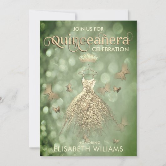Goldener Schmetterling Quinceañera-Glitzer Einladung (Vorderseite)
