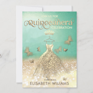 Goldener Schmetterling Quinceañera in Glitzer Einladung