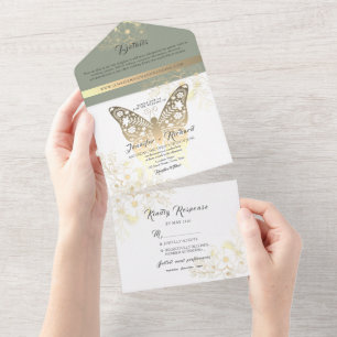 Goldener Schmetterling Salbei Grün Hochzeit All In One Einladung