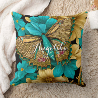 Goldener Schmetterling Teal Blumen Personalisierte Kissen