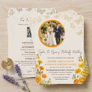 Goldener Schmetterling & Wildblumen-Foto-Hochzeit  Einladung