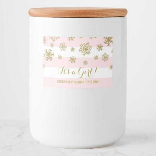 Goldener Schnee Rosa Streifen Winter Baby Dusche Lebensmitteletikett (Vorderseite)