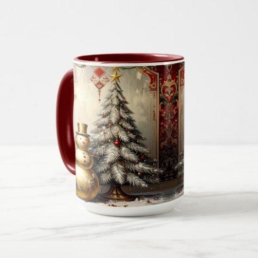 Goldener Schneemann Weihnachtsbaum Feiertagsbecher Tasse (Vorderseite Links)