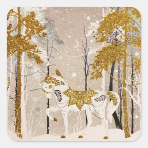 Goldener Schneewald Unicorn Natur Quadratischer Aufkleber