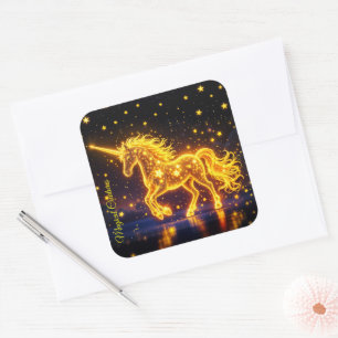 Goldener, schöner Einhorn-Glanz niedlicher Zaubern Quadratischer Aufkleber