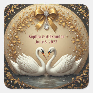 🦢 Goldener Schwan-Hochzeit mit romantischer Band Quadratischer Aufkleber