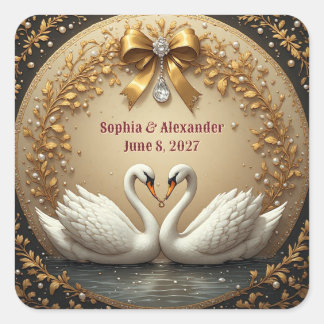 🦢 Goldener Schwan-Hochzeit mit romantischer Band Quadratischer Aufkleber