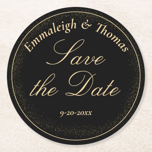 Goldener Schwarzer Glitzer Save the Date Runder Pappuntersetzer (Vorderseite)