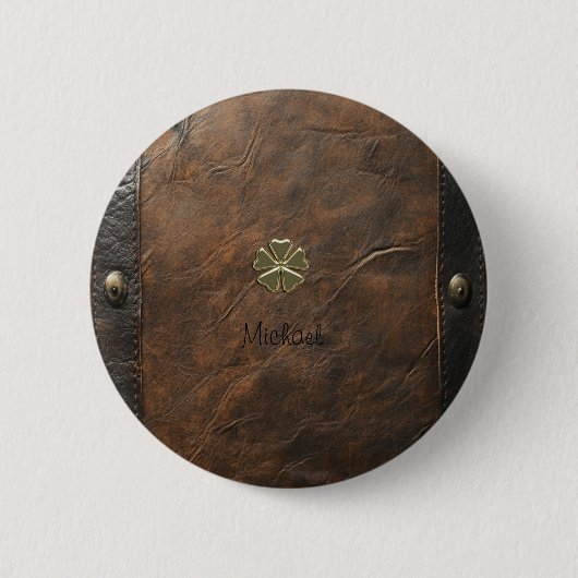 Goldener Shamrock St.Patrick`s Day,Braunes Leder Button (Vorderseite)