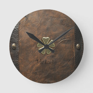 Goldener Shamrock St.Patrick`s Day,Braunes Leder Runde Wanduhr