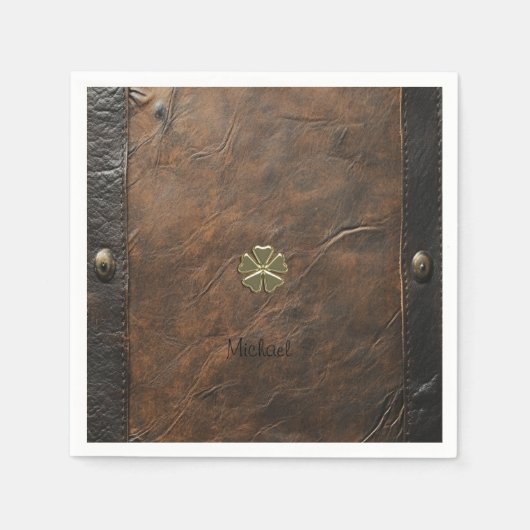 Goldener Shamrock St.Patrick`s Day, braunes Leder Serviette (Vorderseite)