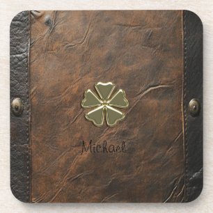 Goldener Shamrock St.Patrick`s Tag,Braunes Leder Getränkeuntersetzer