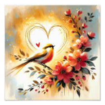 Goldener Singvogel mit Korallenblumen und Herz