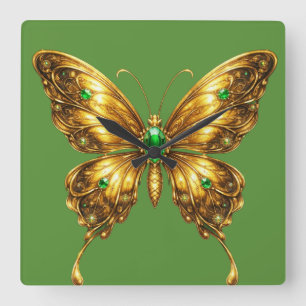 Goldener Smaragd-Kristall-Schmetterling Quadratische Wanduhr