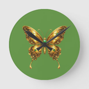 Goldener Smaragd-Kristall-Schmetterling Runde Wanduhr