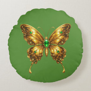 Goldener Smaragd-Kristall-Schmetterling Rundes Kissen