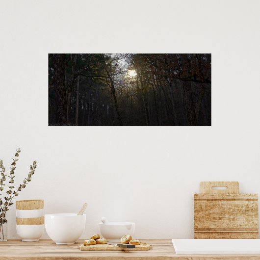 Goldener Sonnenaufgang im Winterwald Poster (Küche)