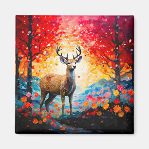 Goldener Sonnenuntergang Blumen Herbst Wald Hirsch Magnet