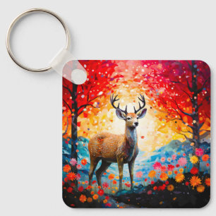 Goldener Sonnenuntergang Floral Herbst Wald Hirsch Schlüsselanhänger