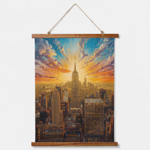 Goldener Sonnenuntergang über der Skyline von New  Wandteppich Mit Holzrahmen