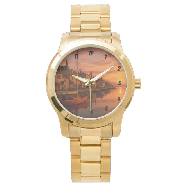 Goldener Sonnenuntergang über Küstendorf Armbanduhr (Vorderseite)