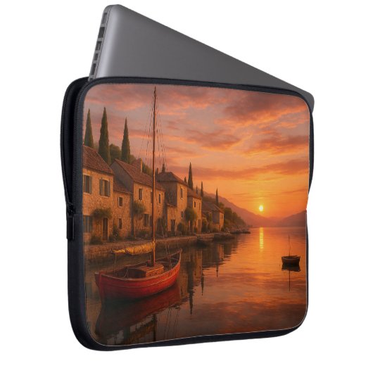 Goldener Sonnenuntergang über Küstendorf Laptopschutzhülle (Vorne Rechts)