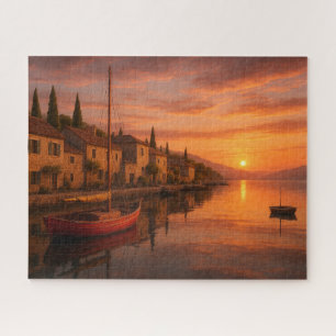 Goldener Sonnenuntergang über Küstendorf Puzzle
