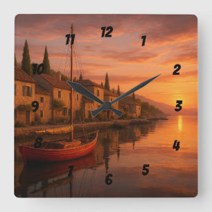 Goldener Sonnenuntergang über Küstendorf Quadratische Wanduhr