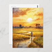 Goldener Sonnenuntergang über Reisfeldern Postkarte (Vorne/Hinten)