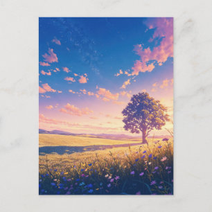 Goldener Sonnenuntergangsbaum und Sternenhimmel Postkarte