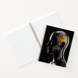 Goldener Steampunk-Cyborg mit leuchtend blauem Neo Notizblock